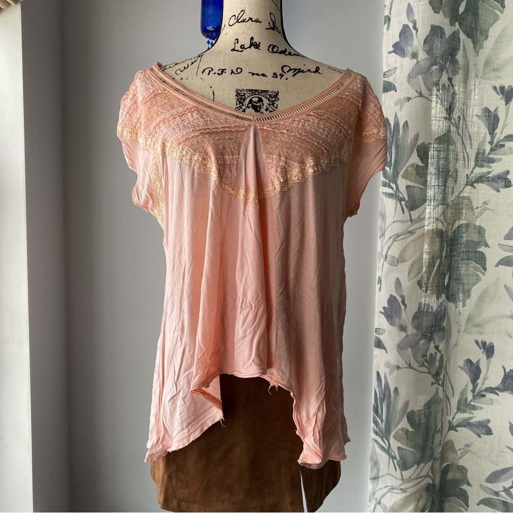 Free People Flowy Asymmetrical Pink Boho Fairy V-Neck Tee Shirt Top XS
